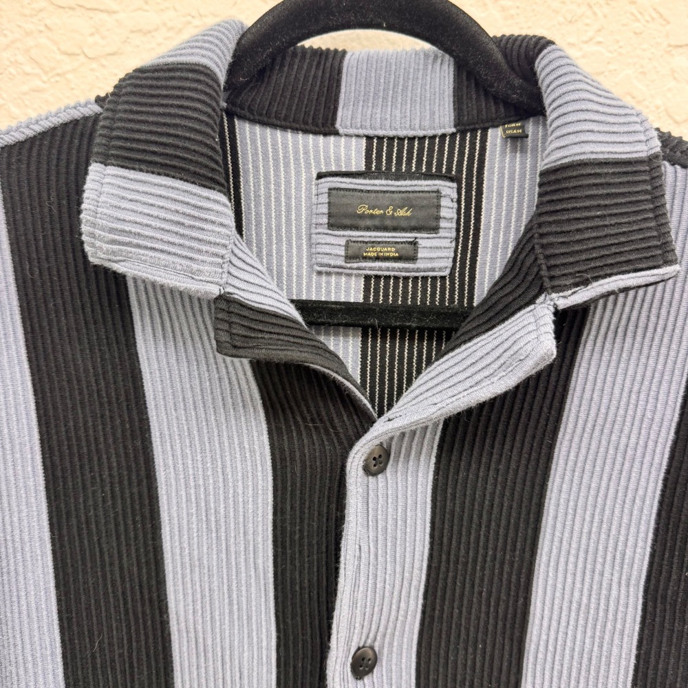 Porter &‎ Ash Mens Blue Black Vertical Stripe Jacquard Ribbed Button Shirt M
